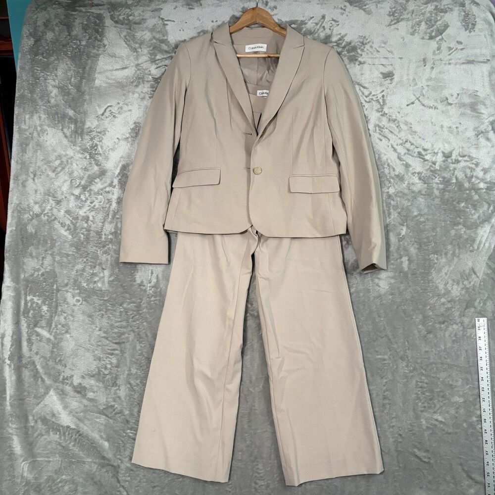 Calvin Klein 2-Piece Blazer Pants Suit Set Womens Size 10 Beige Office Wide Leg